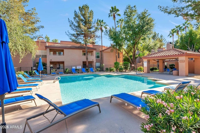 view of pool featuring a gazebo and a patio area