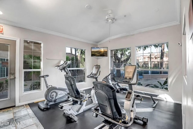 exercise room with crown molding, ceiling fan, and lofted ceiling