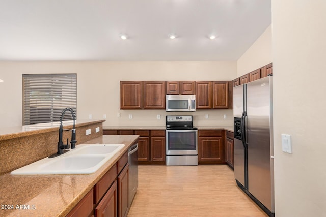 kitchen featuring light wood finished floors, appliances with stainless steel finishes, a sink, and recessed lighting