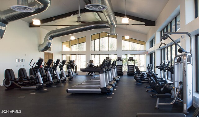 workout area with high vaulted ceiling, ceiling fan, and plenty of natural light