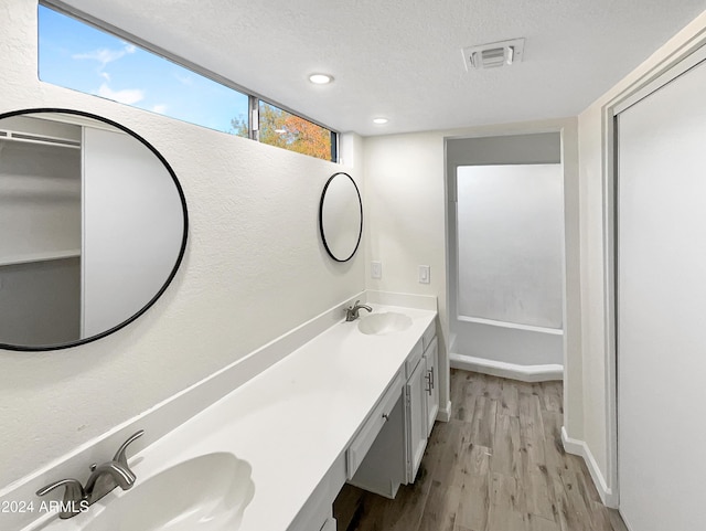 bathroom with vanity, wood-type flooring, and a textured ceiling