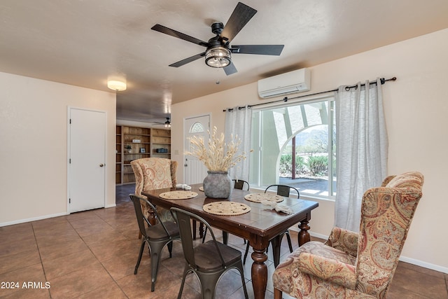 dining room with built in shelves, tile patterned flooring, a wall unit AC, and a wealth of natural light