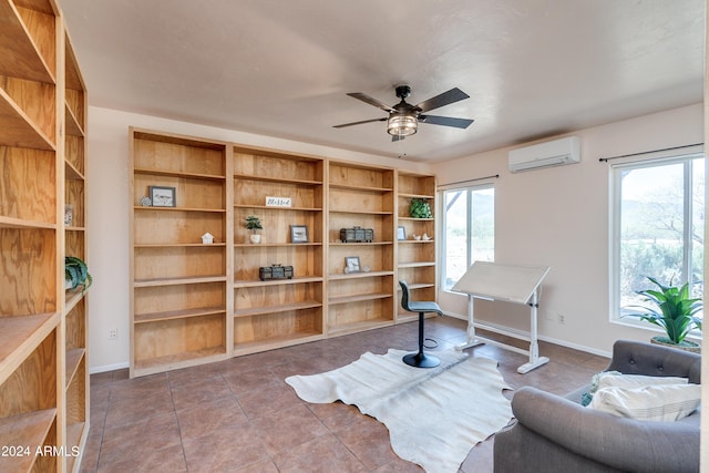 tiled office space with ceiling fan, a healthy amount of sunlight, and a wall mounted AC