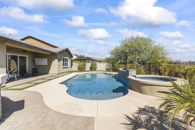 view of swimming pool featuring a fenced in pool, a patio area, an in ground hot tub, and a fenced backyard