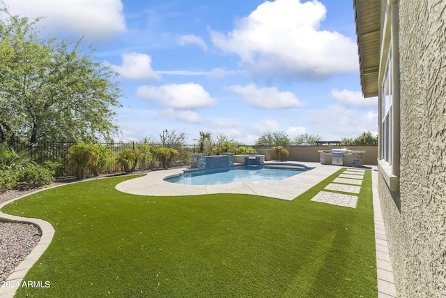 view of yard featuring a fenced in pool, a patio area, a fenced backyard, and area for grilling