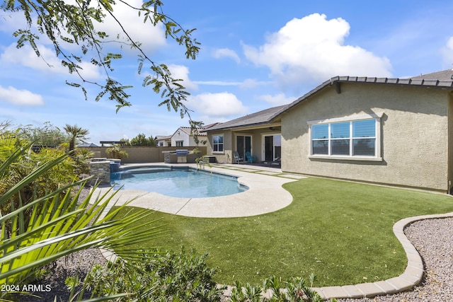 view of pool with a fenced in pool, a patio area, a fenced backyard, and a lawn