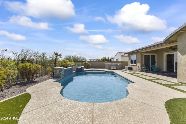 view of swimming pool with a fenced in pool, a patio, and a fenced backyard