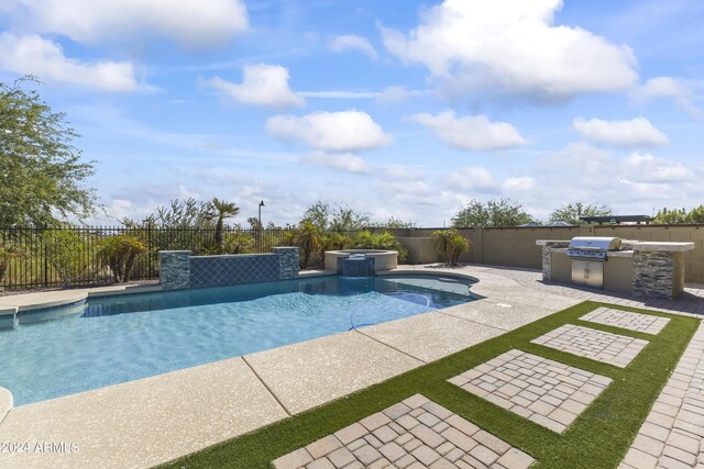 view of swimming pool featuring a grill, an in ground hot tub, and a patio area