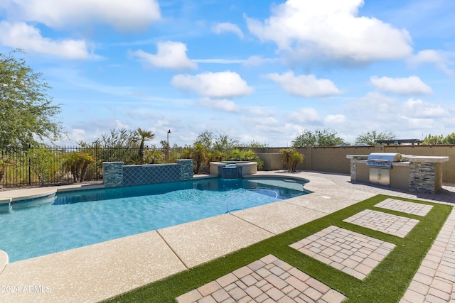 view of pool featuring area for grilling, a patio, and an in ground hot tub