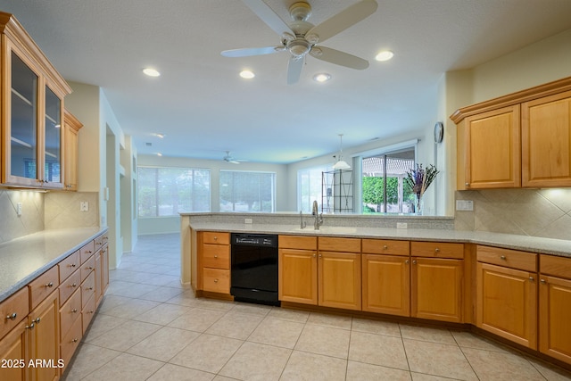 kitchen with ceiling fan, dishwasher, light tile patterned floors, recessed lighting, and a sink