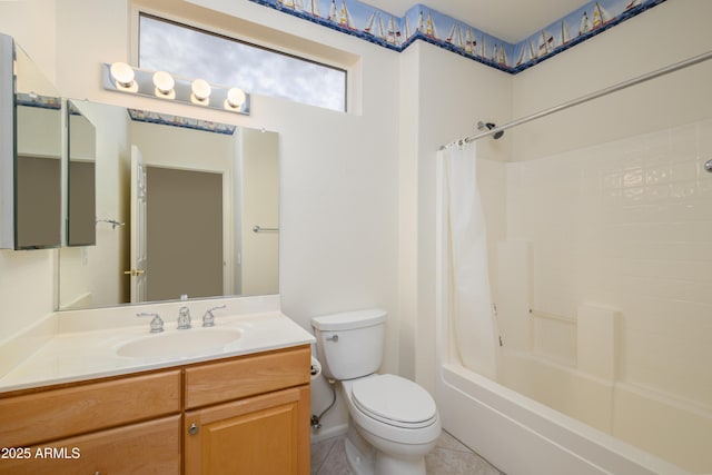 bathroom featuring tile patterned floors, shower / bath combo with shower curtain, toilet, and vanity