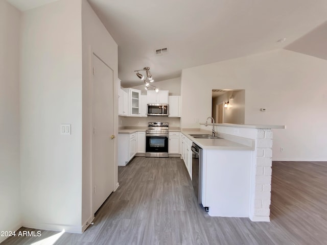 kitchen with sink, wood-type flooring, vaulted ceiling, stainless steel appliances, and kitchen peninsula