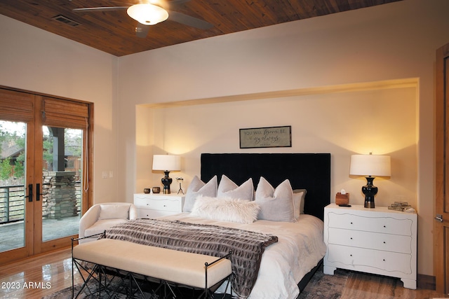 bedroom with dark wood-type flooring, access to outside, and wooden ceiling