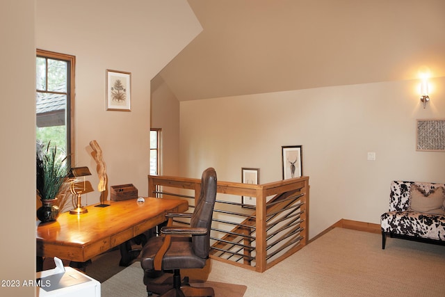 office with carpet and lofted ceiling