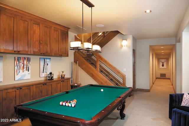 game room with billiards and light colored carpet