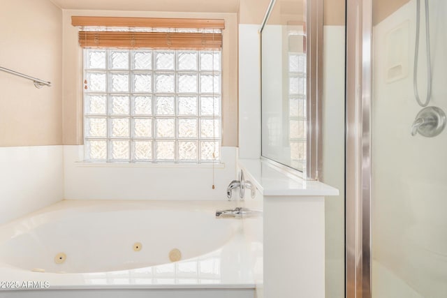 bathroom with a whirlpool tub and a shower stall