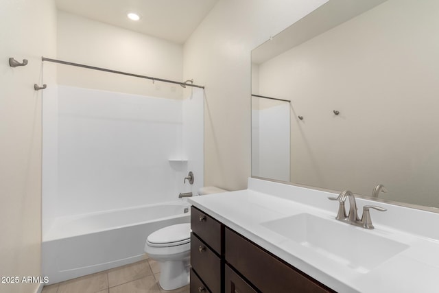 full bathroom with toilet,  shower combination, tile patterned flooring, vanity, and recessed lighting