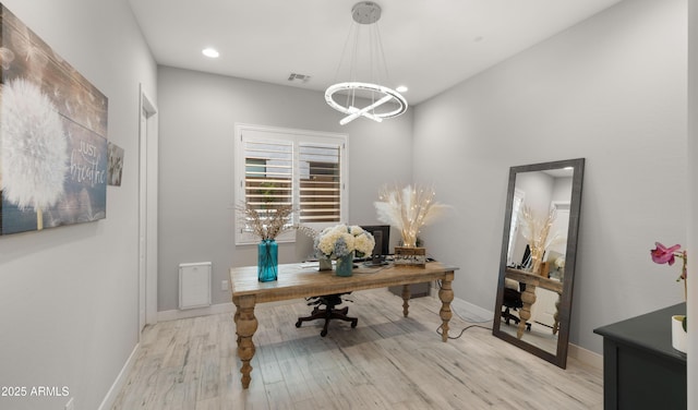 8149 E Jaeger St, Mesa, AZ 85207 - office area with a chandelier, light wood-style floors, baseboards, and recessed lighting