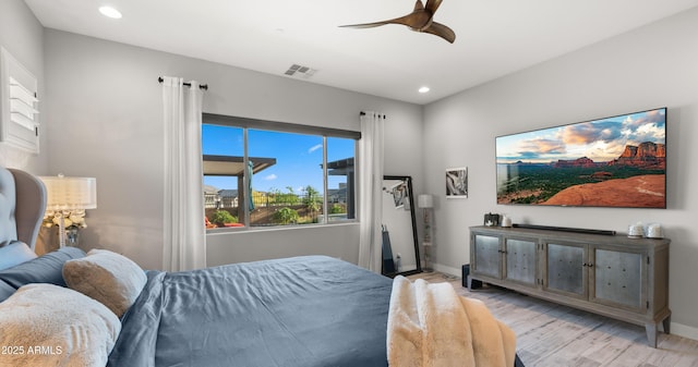 8149 E Jaeger St, Mesa, AZ 85207 - bedroom featuring multiple windows, recessed lighting, light wood-type flooring, baseboards, and a ceiling fan