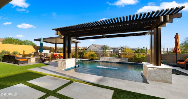 8149 E Jaeger St, Mesa, AZ 85207 - view of swimming pool with outdoor lounge area, a patio area, a fenced backyard, and a pergola