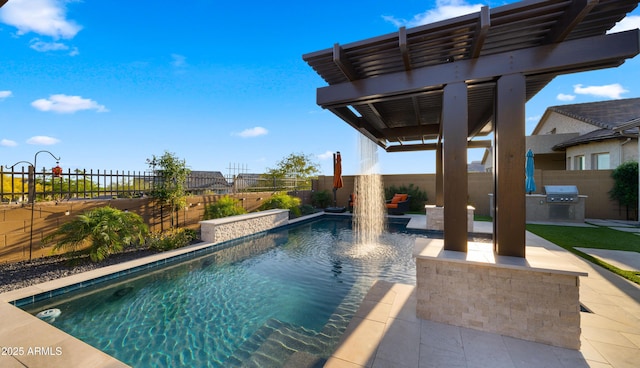 8149 E Jaeger St, Mesa, AZ 85207 - view of swimming pool featuring a fenced backyard, exterior kitchen, a patio, and area for grilling