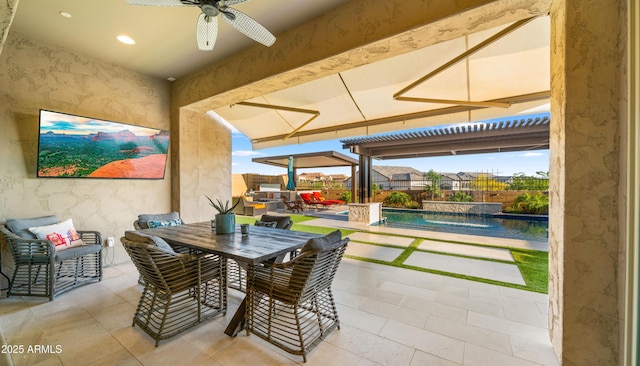 8149 E Jaeger St, Mesa, AZ 85207 - view of patio / terrace featuring outdoor dining area, ceiling fan, and fence