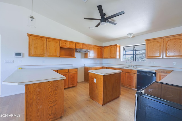 kitchen with a center island, vaulted ceiling, light wood-type flooring, black dishwasher, and decorative light fixtures