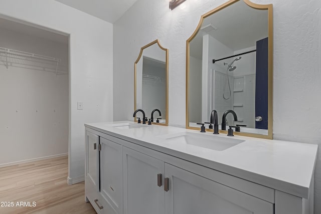 bathroom with hardwood / wood-style flooring and vanity