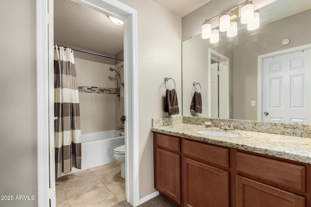 bathroom with tile patterned flooring, toilet, vanity, and shower / bathtub combination with curtain