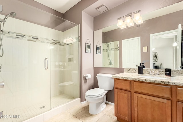 full bathroom with visible vents, toilet, a stall shower, and vanity