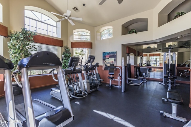 gym with visible vents, high vaulted ceiling, and a ceiling fan