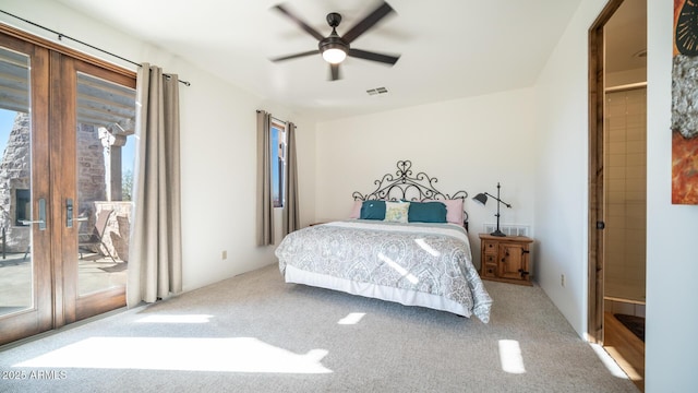 carpeted bedroom with ceiling fan and access to outside