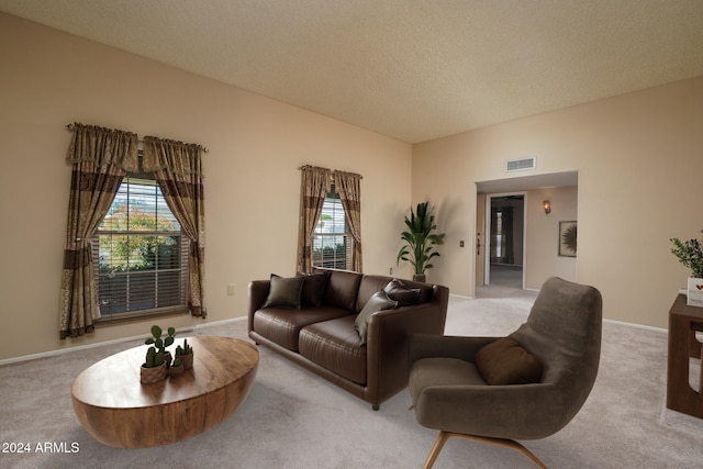 living room featuring a textured ceiling, light colored carpet, and plenty of natural light