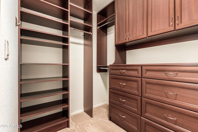 spacious closet featuring light carpet
