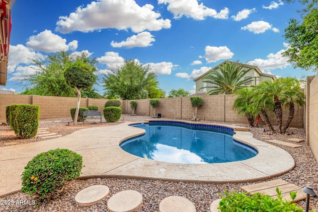 view of pool featuring a patio, a fenced in pool, and a fenced backyard