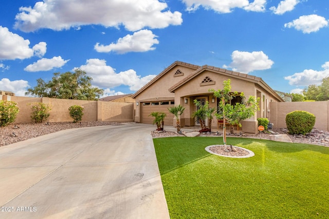 view of front of property featuring driveway, a front yard, a garage, a fenced backyard, and stucco siding