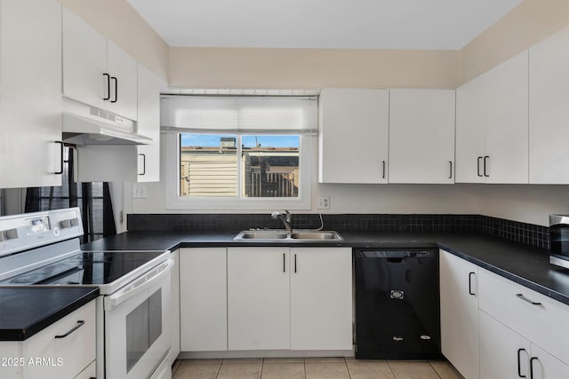 kitchen featuring light tile patterned flooring, white electric range, sink, black dishwasher, and white cabinets