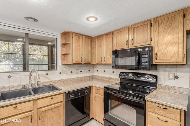 kitchen with sink, backsplash, a textured ceiling, and black appliances