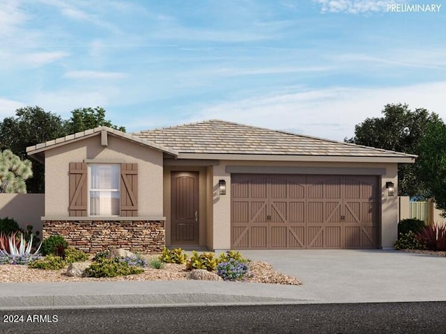 ranch-style house with a garage, stone siding, driveway, and stucco siding