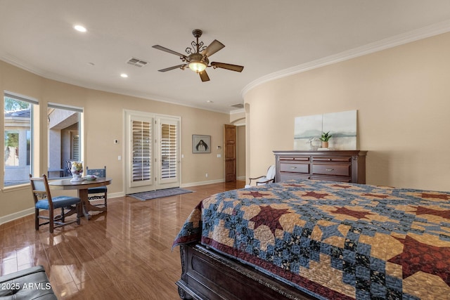 bedroom featuring ceiling fan, ornamental molding, wood-type flooring, and access to exterior