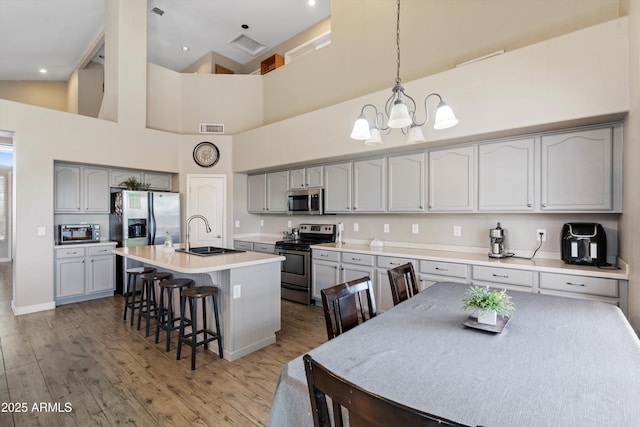 kitchen featuring a kitchen breakfast bar, a sink, visible vents, stainless steel appliances, and high vaulted ceiling