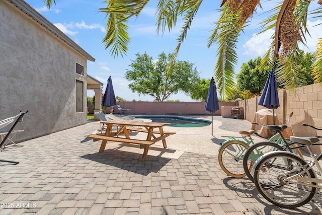 view of patio / terrace featuring a fenced backyard and a fenced in pool