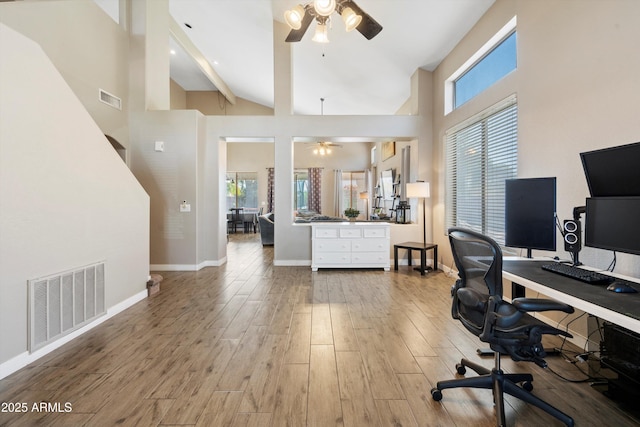 office area with a ceiling fan, visible vents, and a wealth of natural light