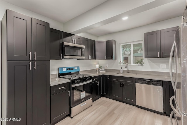 kitchen with sink, stainless steel appliances, and light wood-type flooring