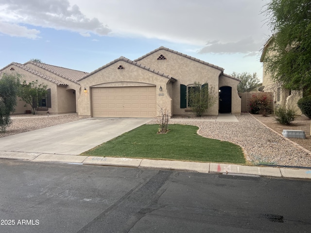 ranch-style home with concrete driveway, stucco siding, an attached garage, and a tile roof