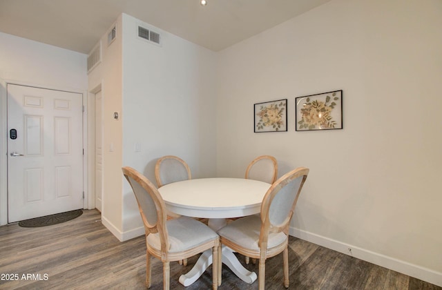 dining area featuring baseboards, dark wood finished floors, and visible vents