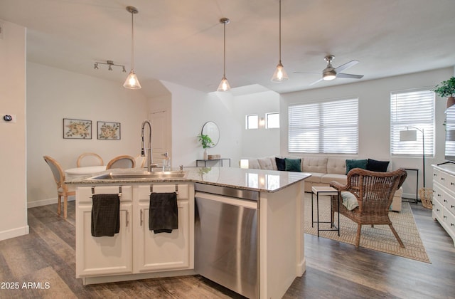 kitchen featuring a sink, ceiling fan, stainless steel dishwasher, and dark wood-style flooring