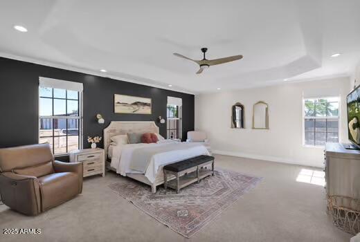 22351 S Sossaman Rd, Queen Creek, AZ 85142 - carpeted bedroom featuring recessed lighting, baseboards, a raised ceiling, and a ceiling fan