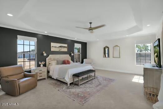 22351 S Sossaman Rd, Queen Creek, AZ 85142 - carpeted bedroom featuring multiple windows, recessed lighting, a tray ceiling, and ceiling fan