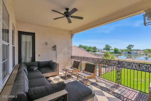 22351 S Sossaman Rd, Queen Creek, AZ 85142 - view of patio / terrace featuring an outdoor living space, a balcony, and a ceiling fan